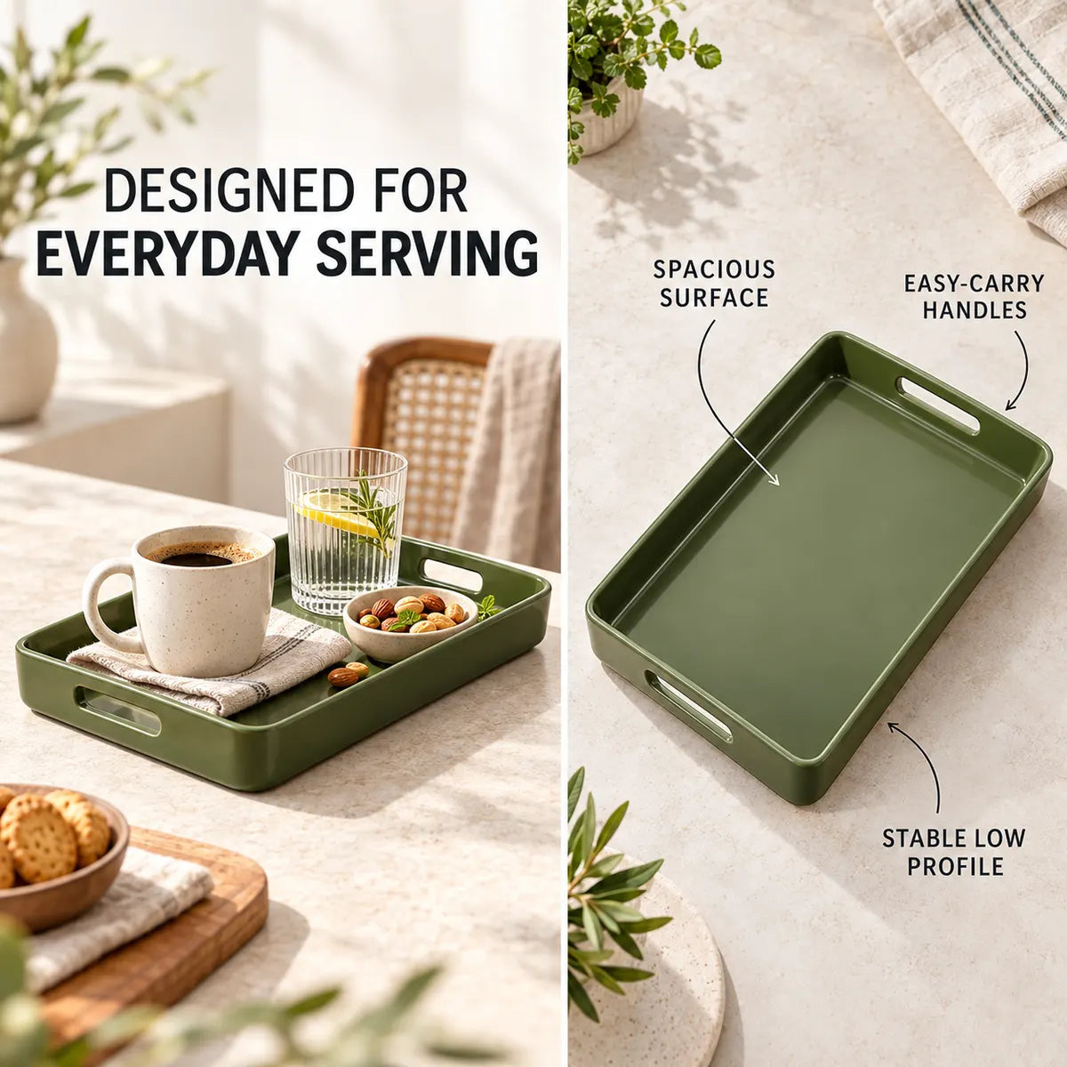 Verdelique olive serving tray showing its spacious surface, side handles and low profile