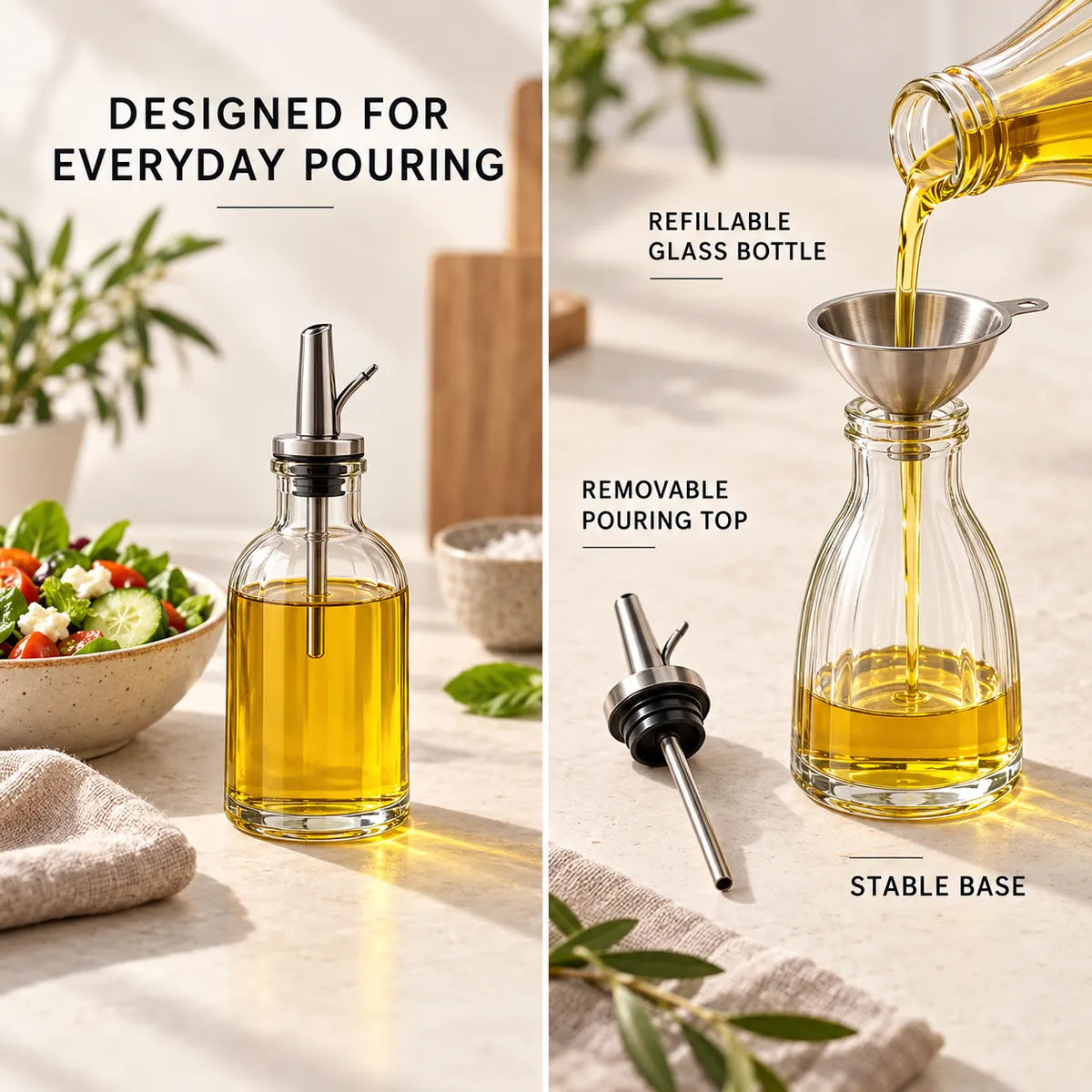 Verdelique oil dispenser showing its removable top, refill opening and stable base