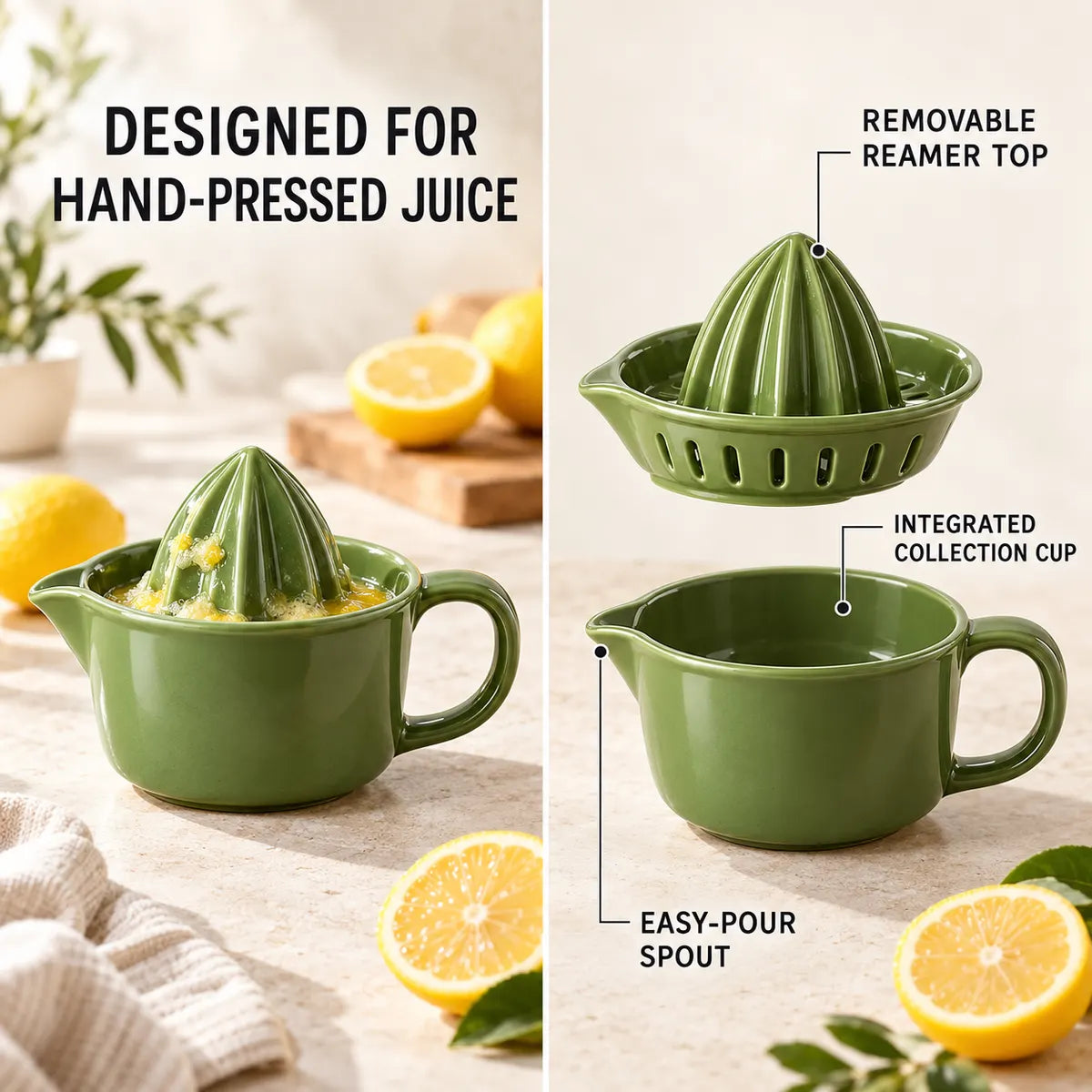 Olive green citrus juicer showing the reamer top and internal collection cup