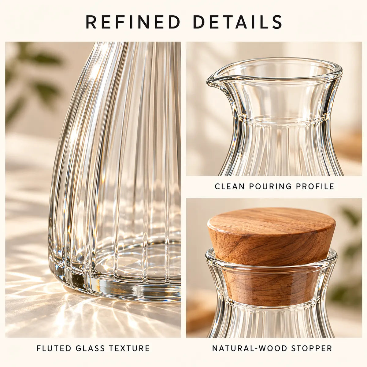 Close-up of the Verdelique carafe fluted glass texture, pouring rim and wooden stopper