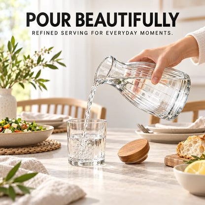 Verdelique fluted glass carafe pouring water at a bright modern dining table