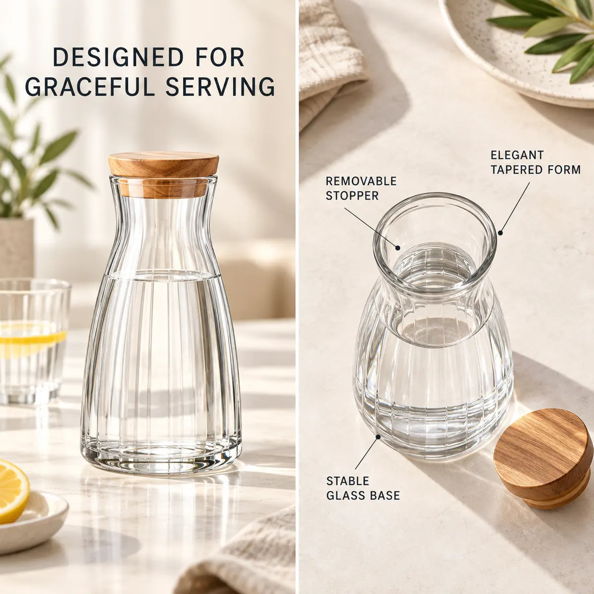 Verdelique glass carafe showing its removable stopper, tapered opening and stable base