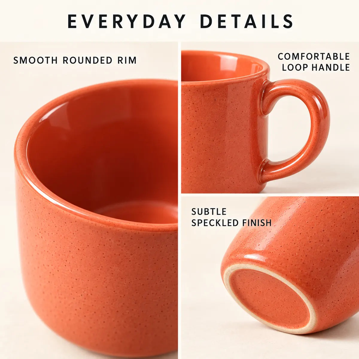 Close-up details of the Verdelique mug rounded rim, loop handle and speckled finish