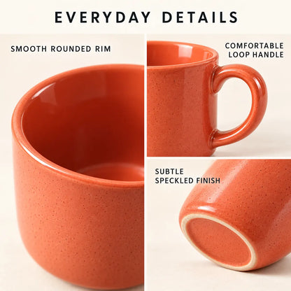 Close-up details of the Verdelique mug rounded rim, loop handle and speckled finish
