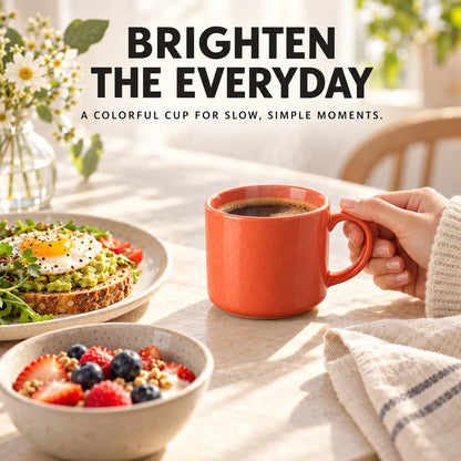 Verdelique coral mug filled with coffee in a bright breakfast setting
