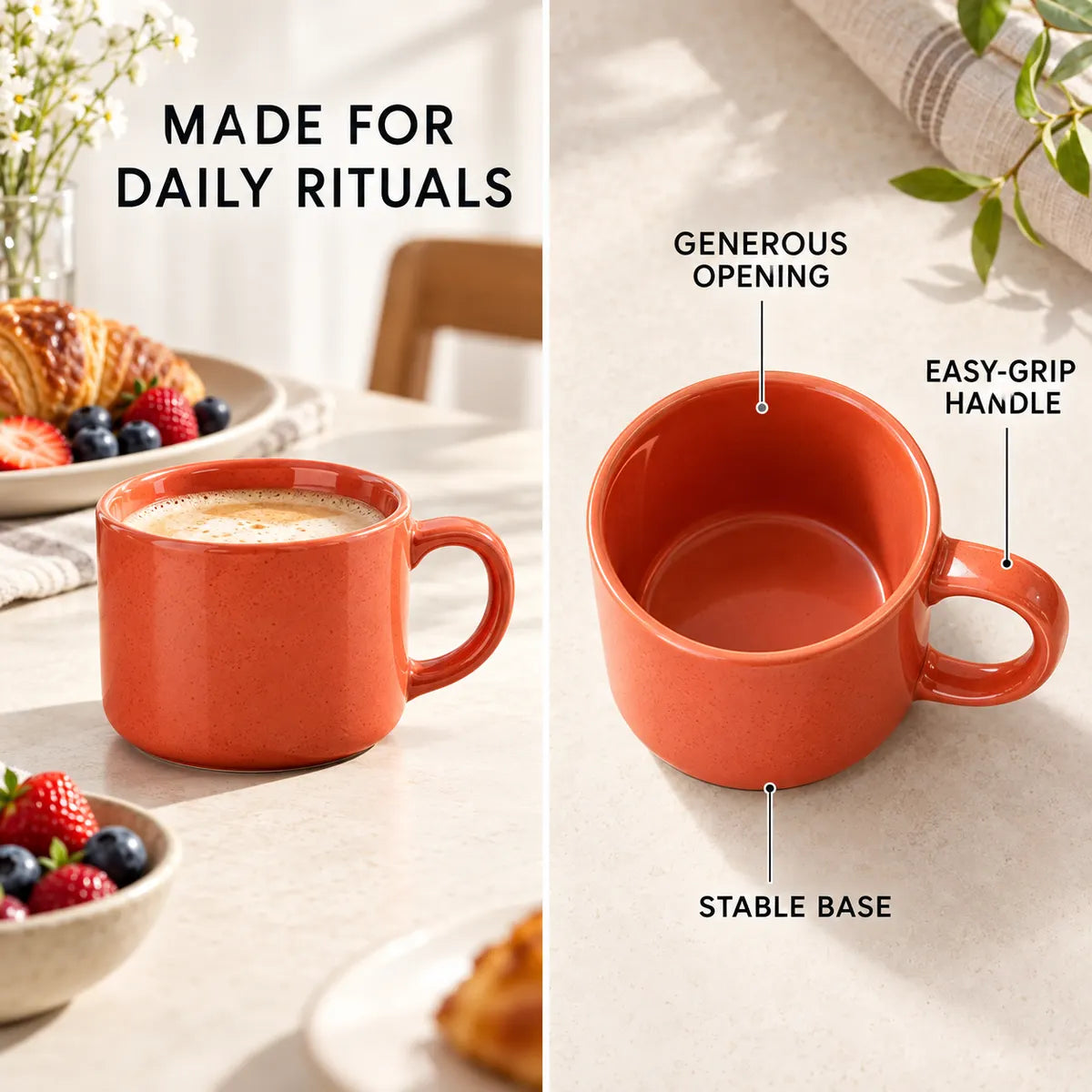 Verdelique coral mug showing its generous opening, comfortable handle and stable base