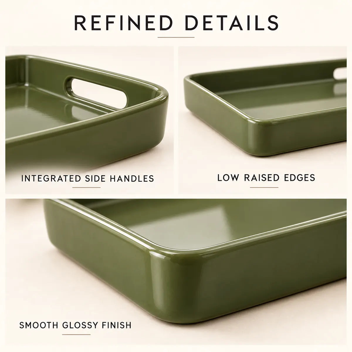 Close-up of the Verdelique serving tray handles, raised edges and glossy finish