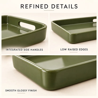 Close-up of the Verdelique serving tray handles, raised edges and glossy finish