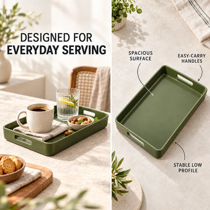 Verdelique olive serving tray showing its spacious surface, side handles and low profile