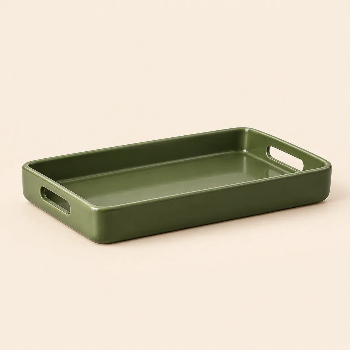 Verdelique olive-green rectangular serving tray with integrated handles