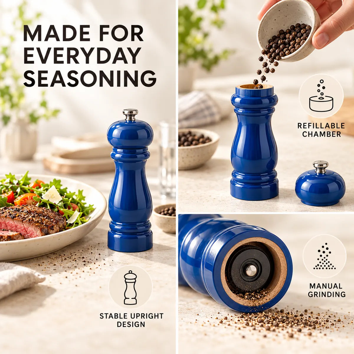 Verdelique manual pepper grinder showing its refillable chamber and grinding outlet