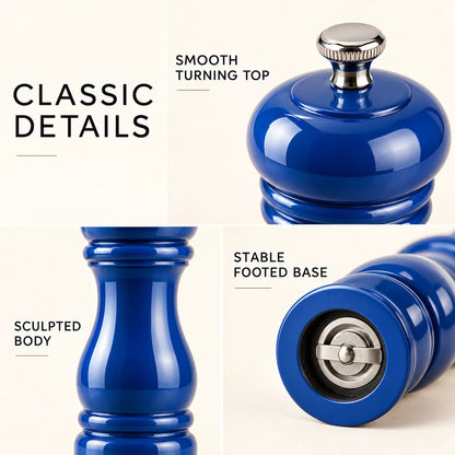 Close-up details of the Verdelique pepper grinder turning top, sculpted body and base