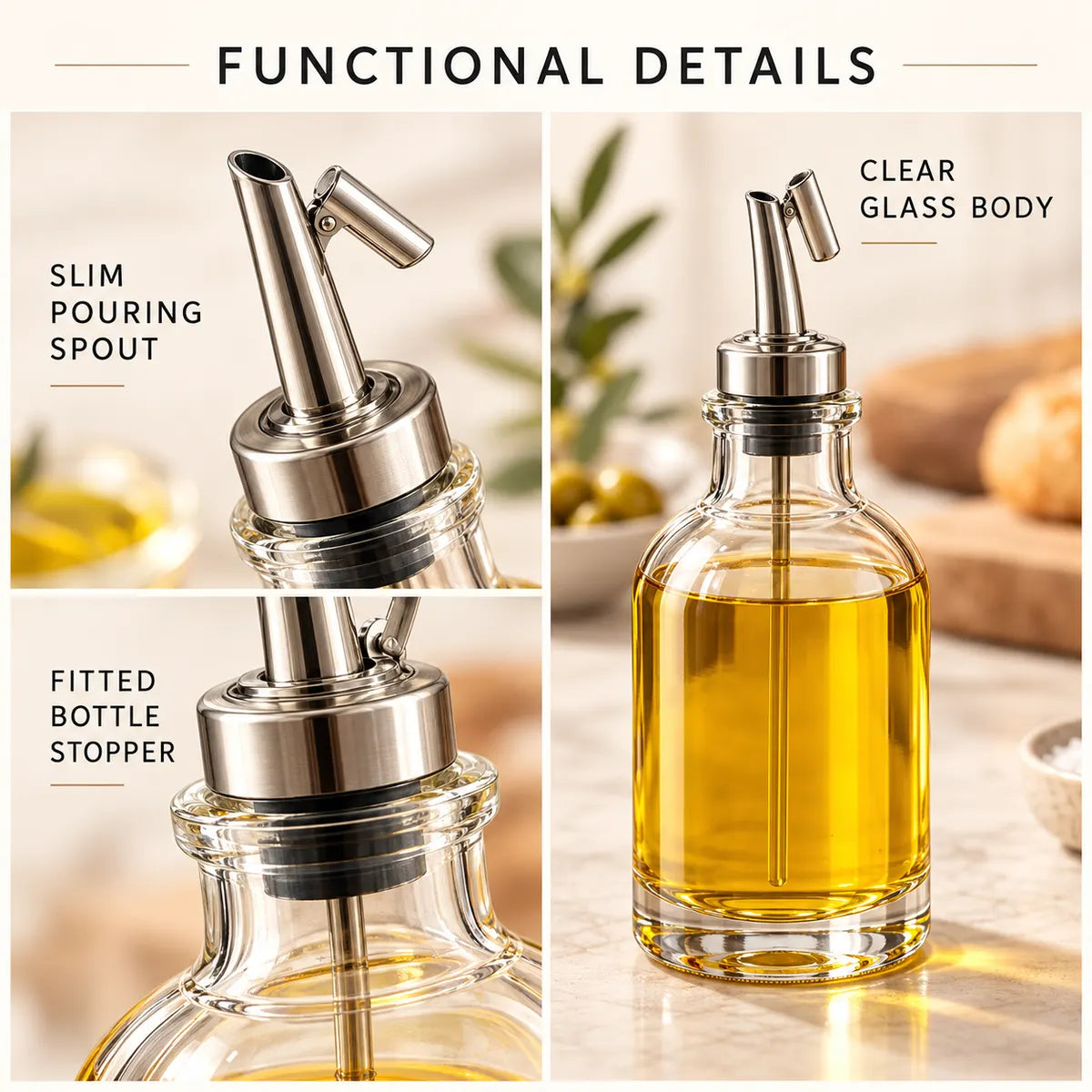 Close-up of the Verdelique oil dispenser pouring spout, stopper and glass bottle