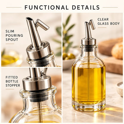 Close-up of the Verdelique oil dispenser pouring spout, stopper and glass bottle