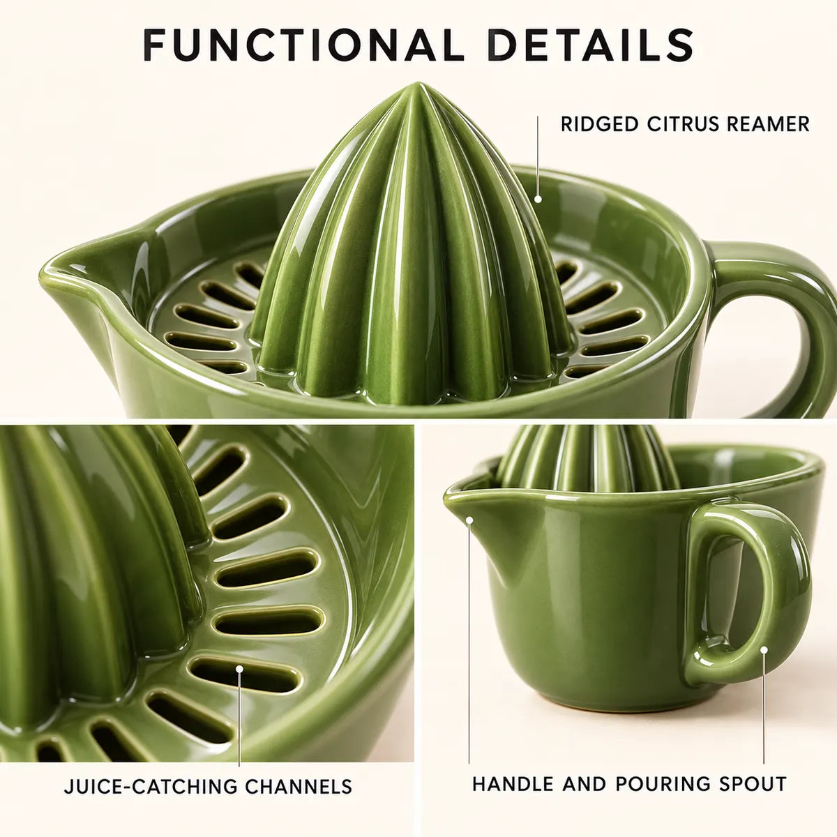 Close-up views of the ridged reamer, juice channels, handle and pouring spout