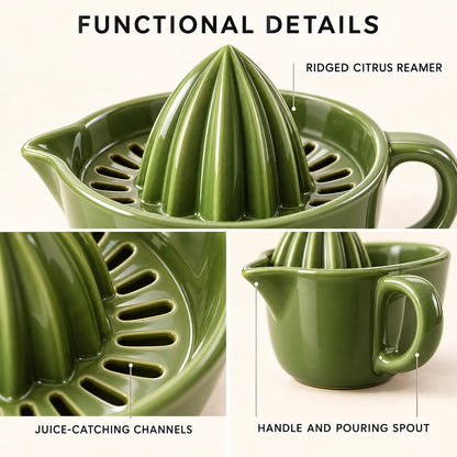 Close-up views of the ridged reamer, juice channels, handle and pouring spout