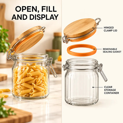 Glass storage jar shown open with lid, gasket and container structure