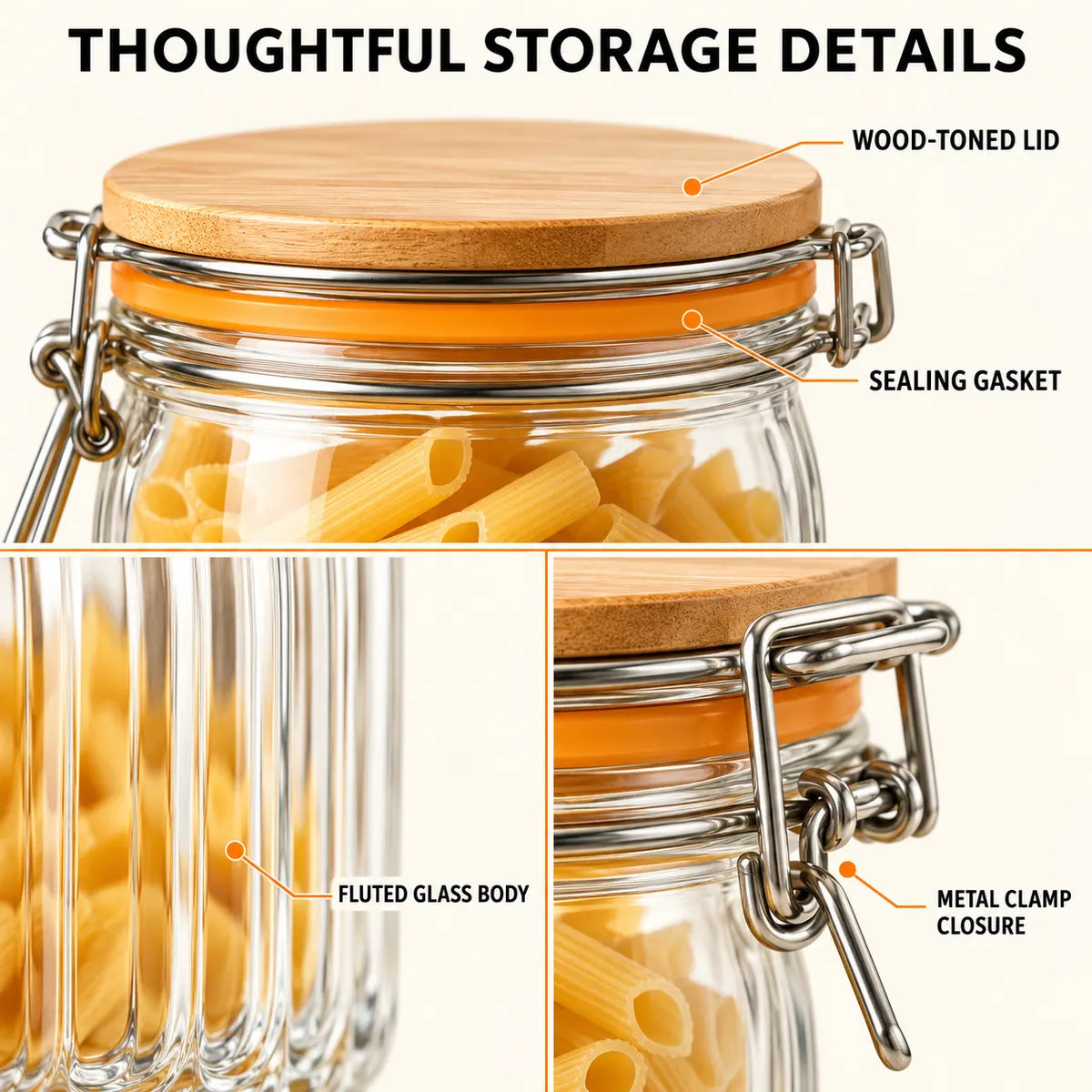 Close-up details of the storage jar lid, sealing gasket, fluted glass and metal clamp
