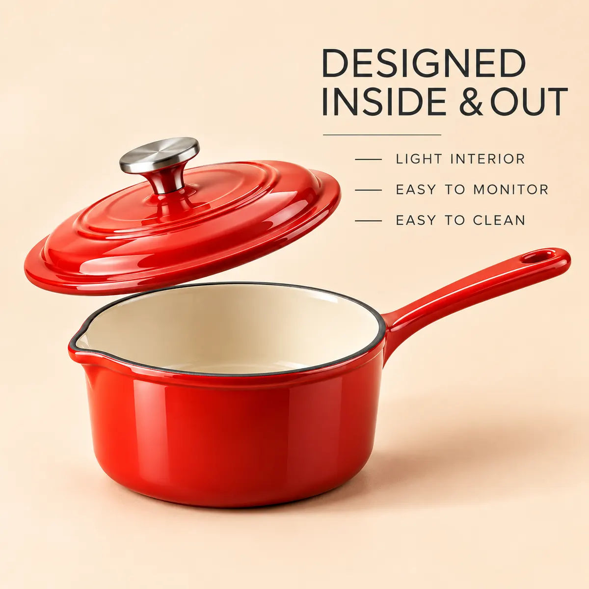 Open red saucepan showing its smooth light-colored interior