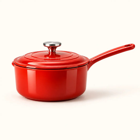 Tomato-red enamel saucepan with fitted lid