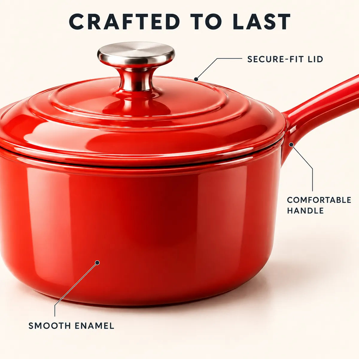 Close-up of saucepan enamel finish, fitted lid and handle