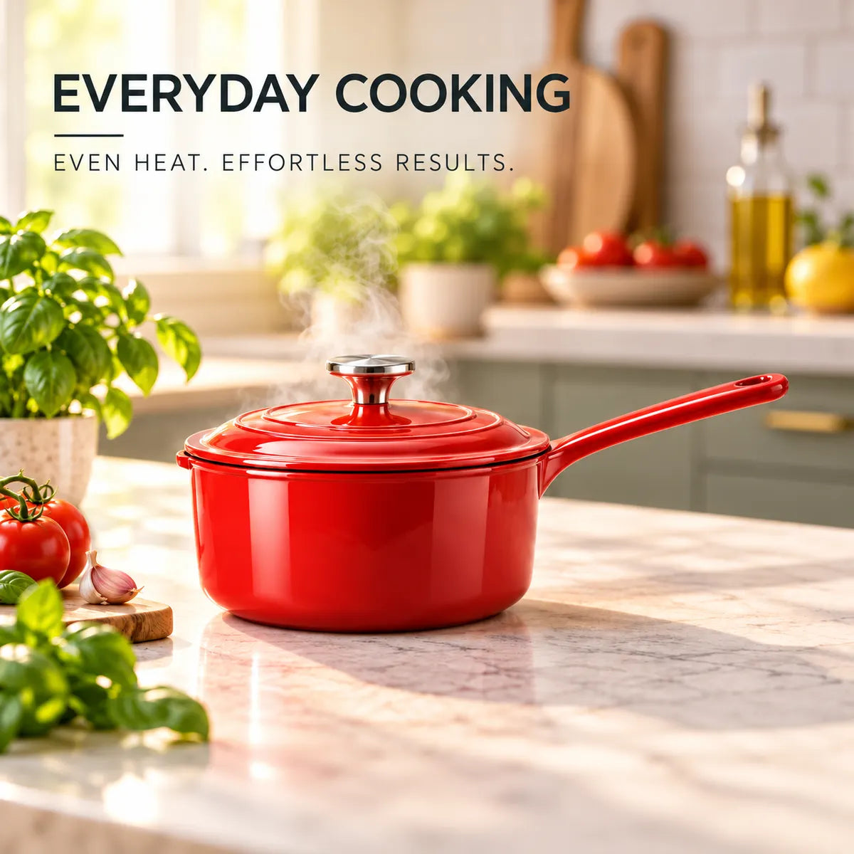 Red enamel saucepan displayed in a bright modern kitchen