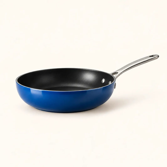 Verdelique cobalt-blue frying pan with brushed-metal handle