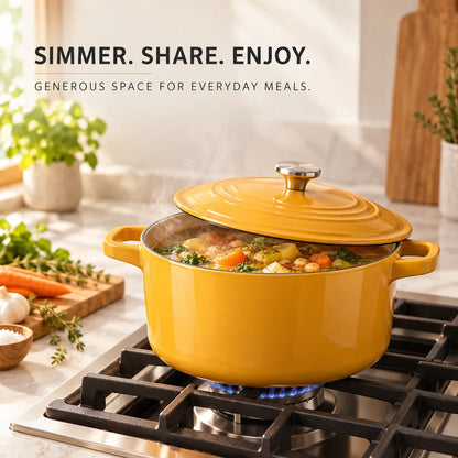 Yellow stockpot simmering soup in a bright modern kitchen