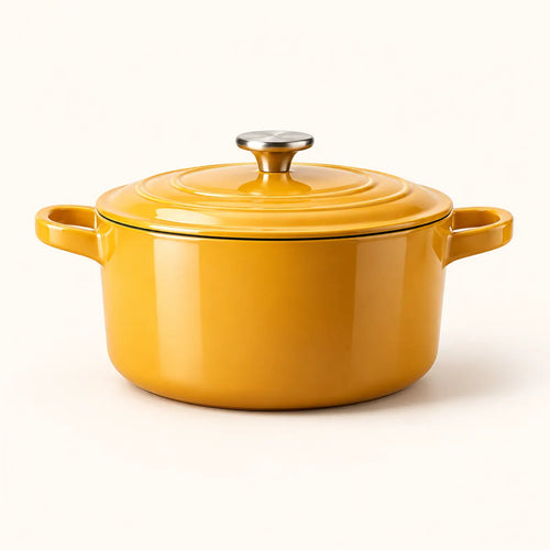 Mustard-yellow enamel stockpot with fitted lid
