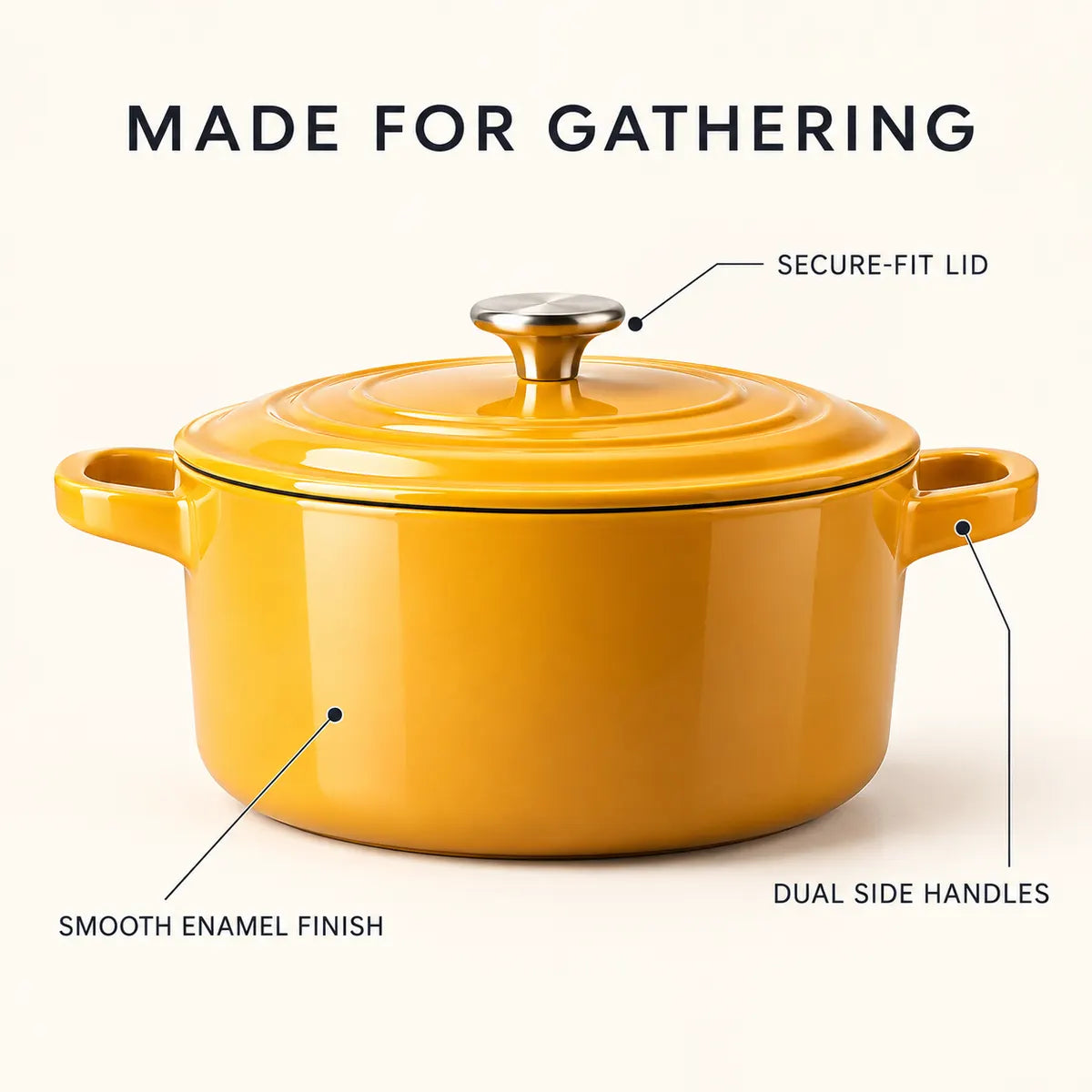 Close-up of yellow stockpot enamel finish, lid and side handles