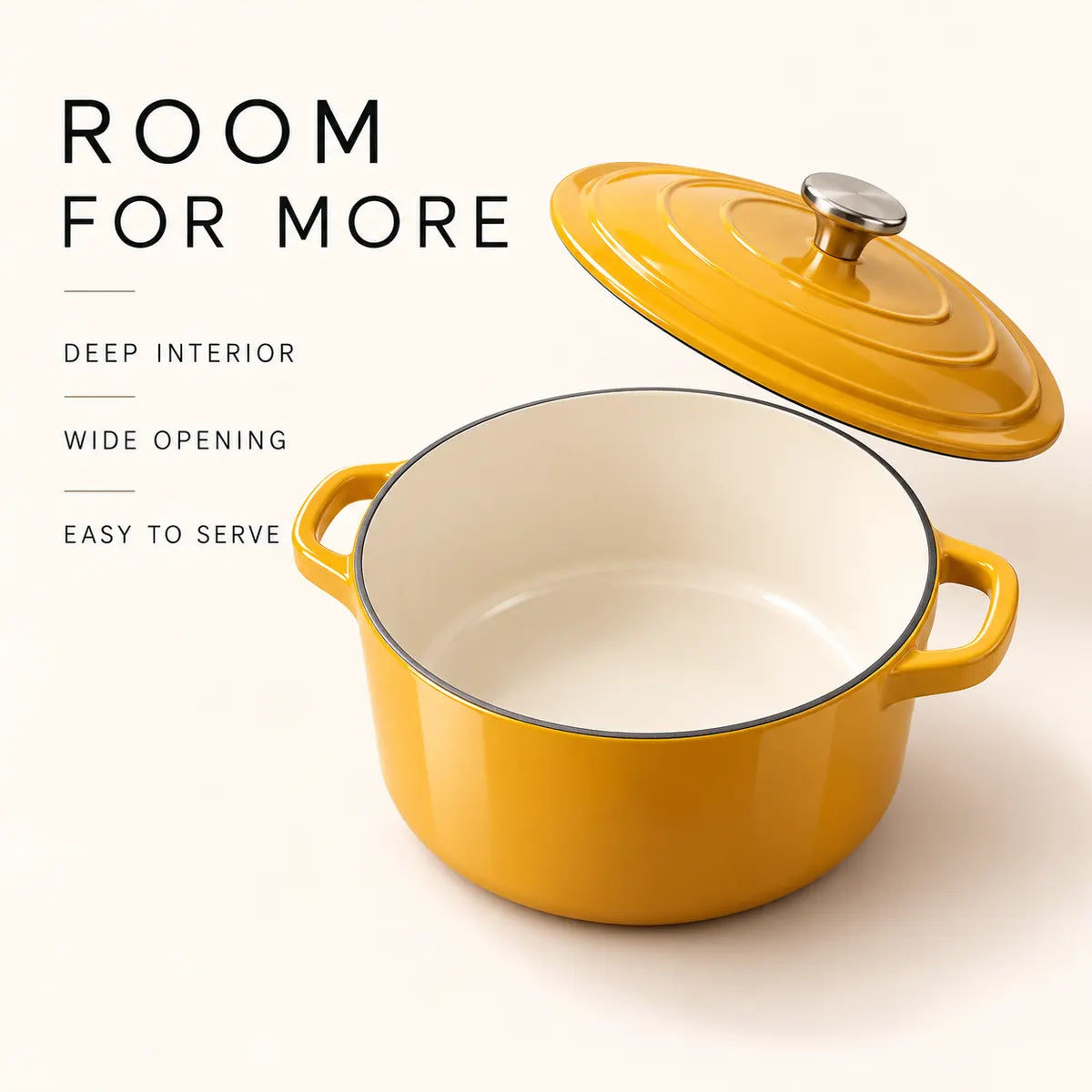 Open mustard-yellow stockpot showing its deep light-colored interior