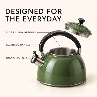 Close-up of kettle arched handle, fitted lid and pouring spout