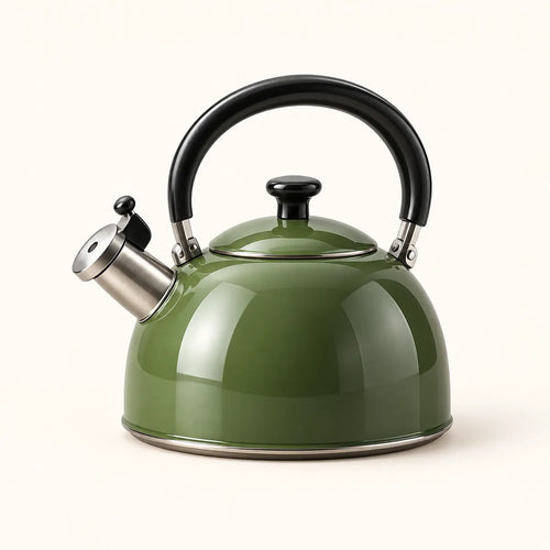 Open olive-green kettle showing its wide filling opening