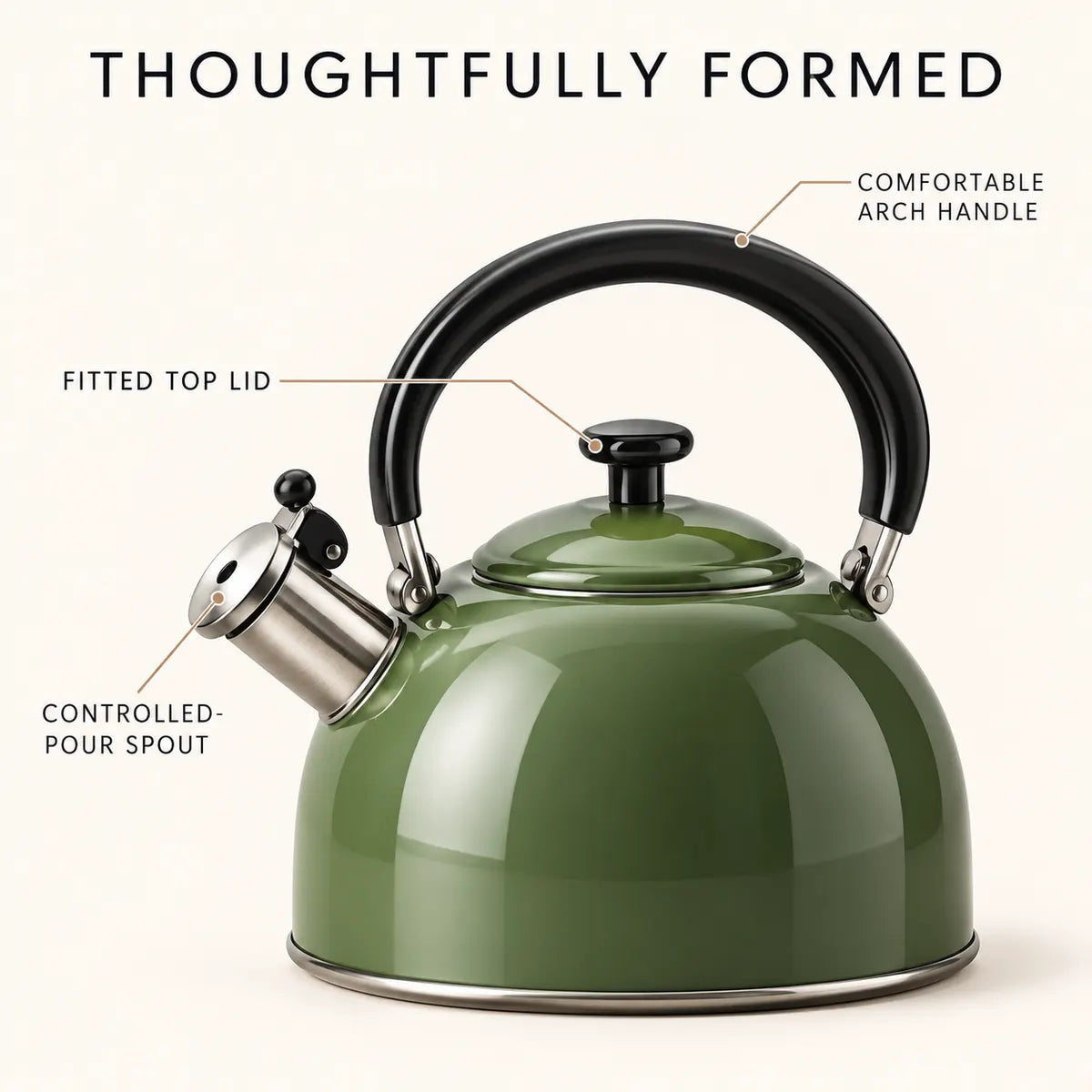 Olive-green stovetop kettle with black arched handle