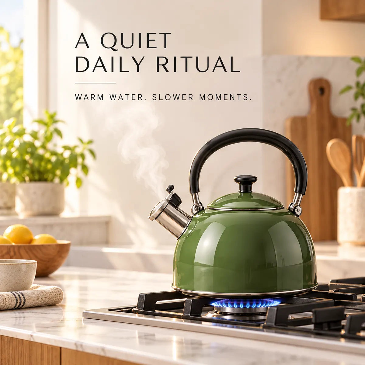 Olive-green kettle heating in a bright modern kitchen