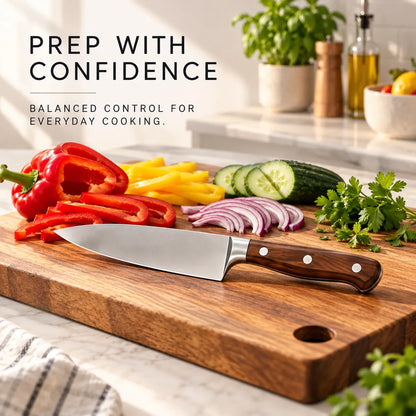 Chef knife displayed with sliced vegetables on a wooden cutting board