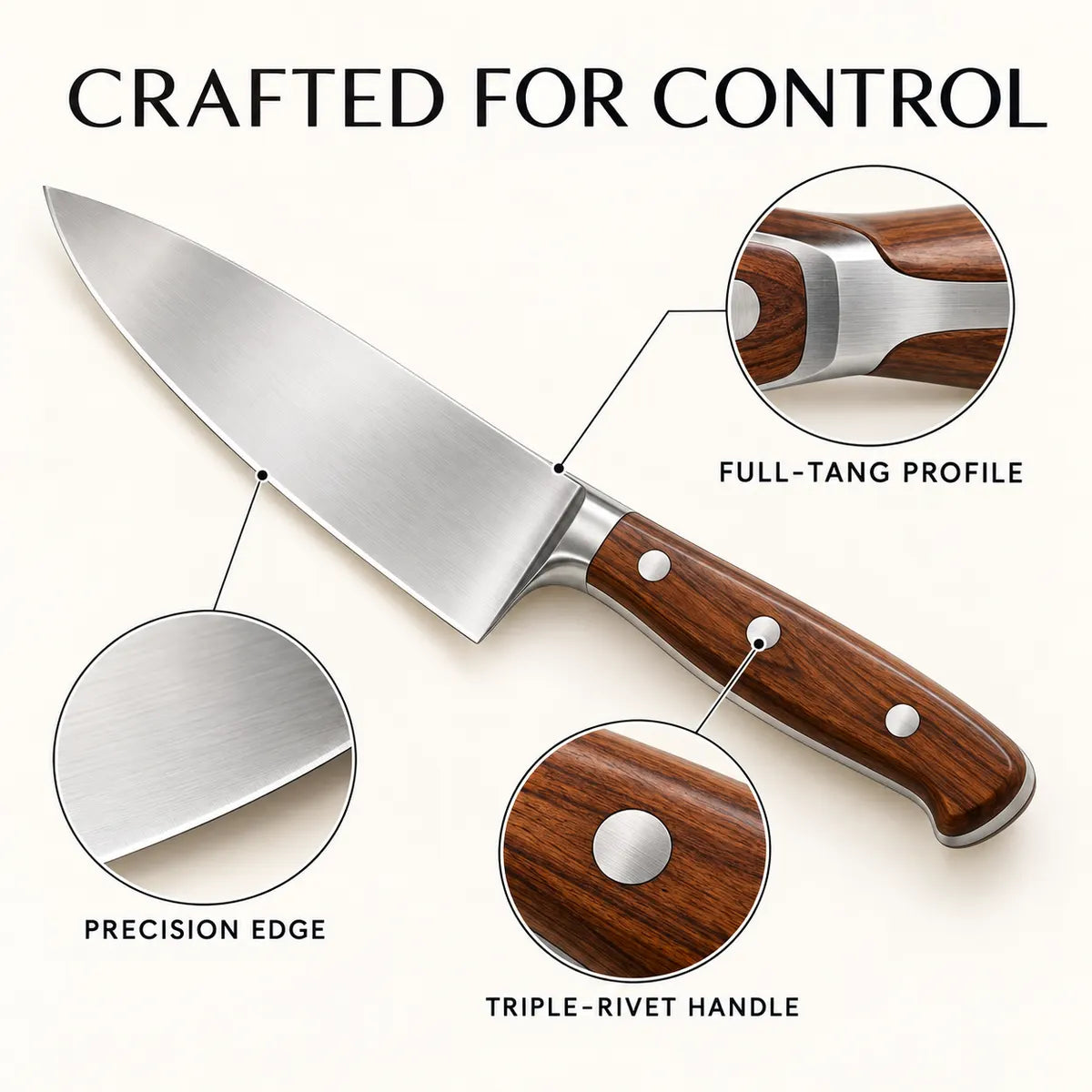 Close-up of chef knife blade, full-tang profile and riveted handle