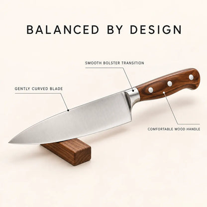 Balanced chef knife with curved blade and contoured wood-look handle