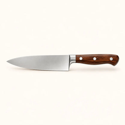 Chef knife with polished blade and wood-look handle