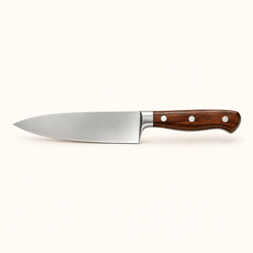 Chef knife with polished blade and wood-look handle