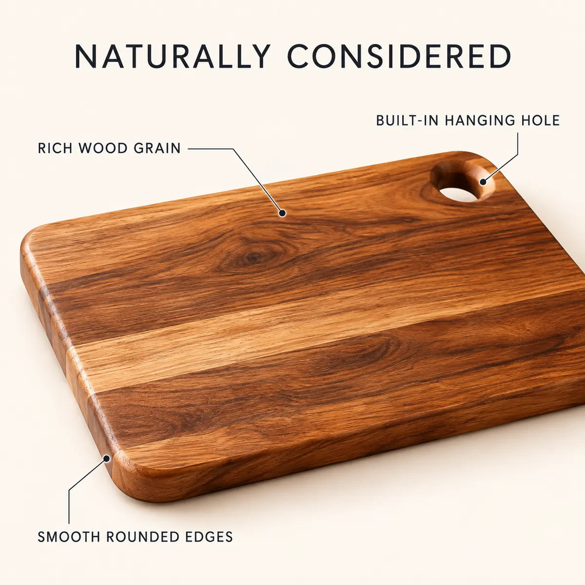 Close-up details of the Verdelique cutting board wood grain, rounded edges and hanging hole