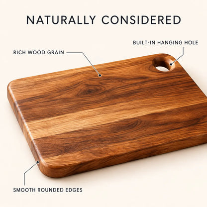 Close-up details of the Verdelique cutting board wood grain, rounded edges and hanging hole
