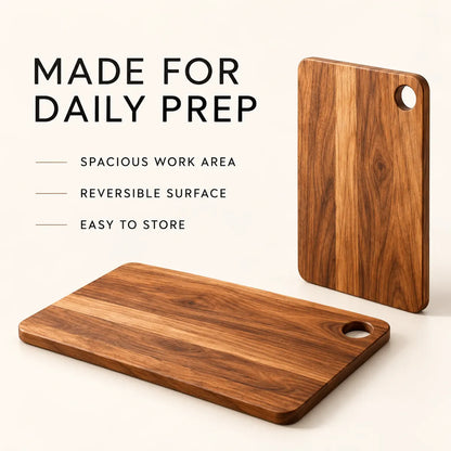 Wooden cutting board showing its spacious preparation surface and storage design