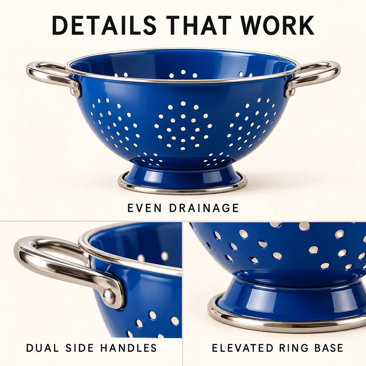 Close-up details of the Verdelique colander drainage holes, dual handles and elevated basesink