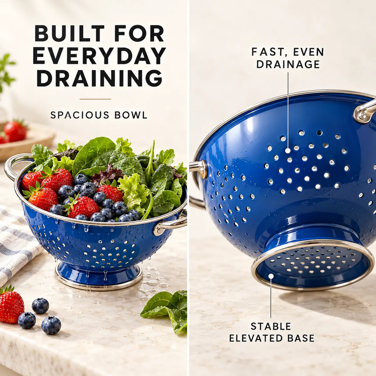 Verdelique blue colander showing its spacious bowl, even drainage and stable ring base