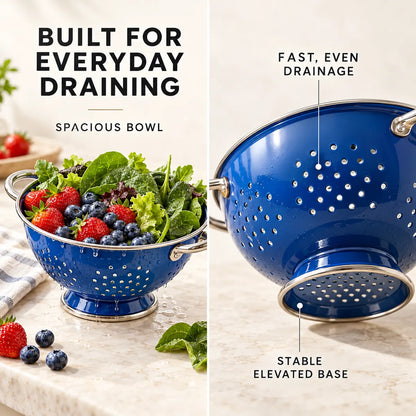 Verdelique blue colander showing its spacious bowl, even drainage and stable ring base
