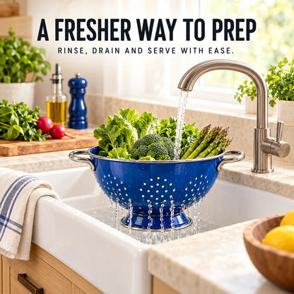 Blue Verdelique colander rinsing fresh vegetables in a bright modern kitchen 