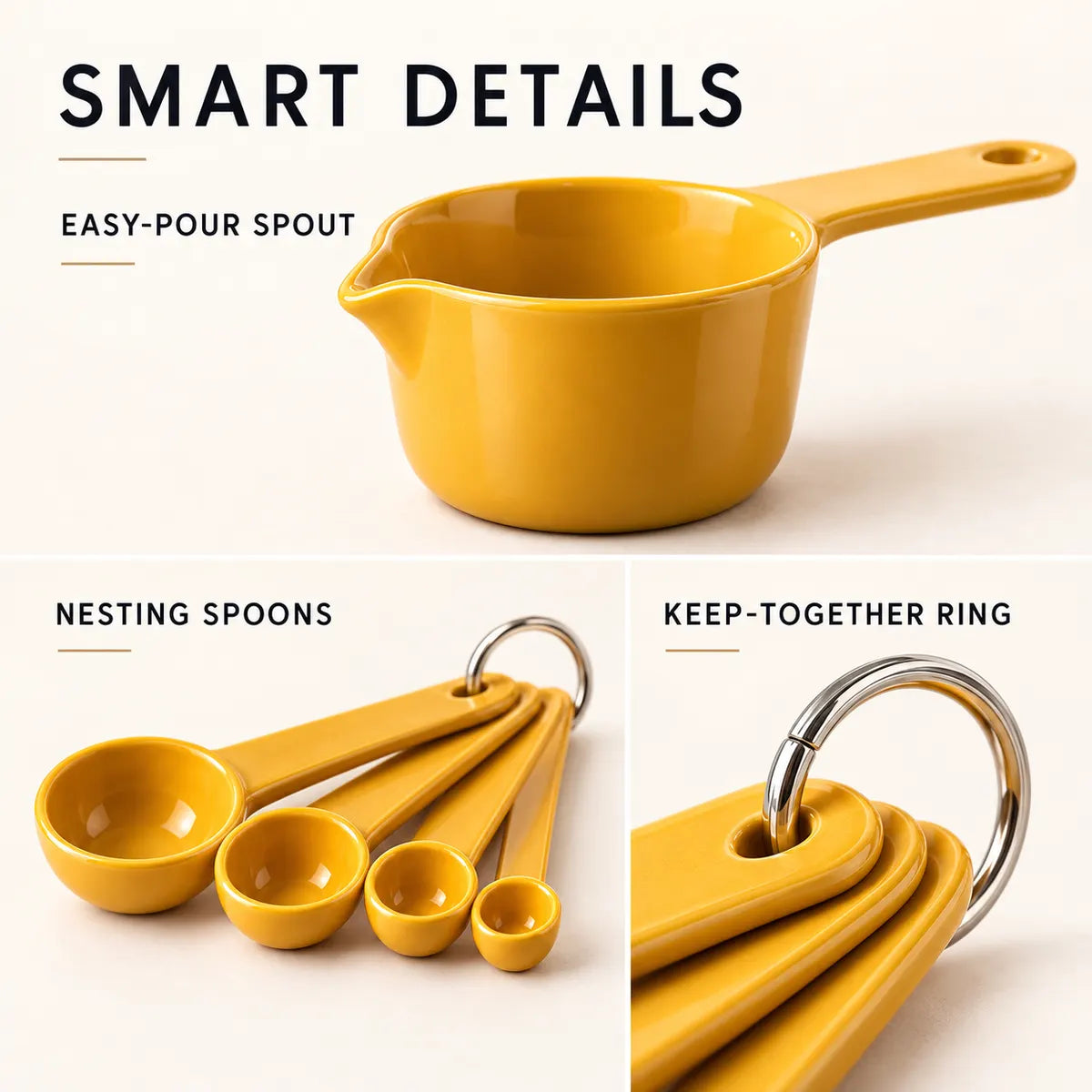 Close-up details of the Verdelique measuring cup spout, nesting spoons and storage ring