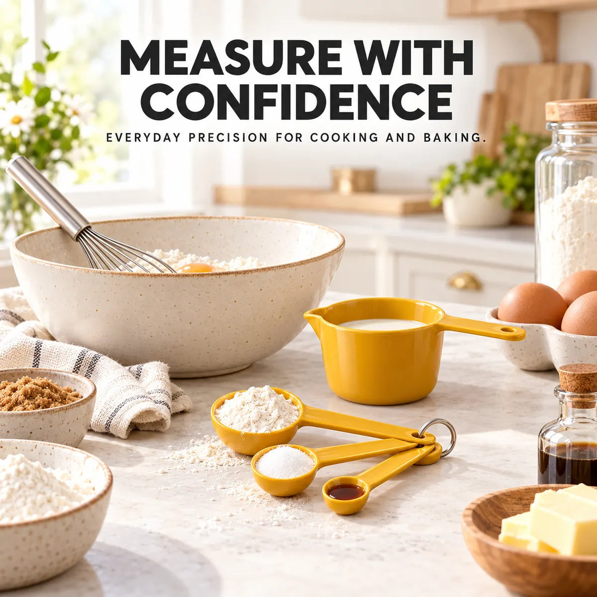 Yellow Verdelique measuring cup and spoons used in a bright modern baking kitchen