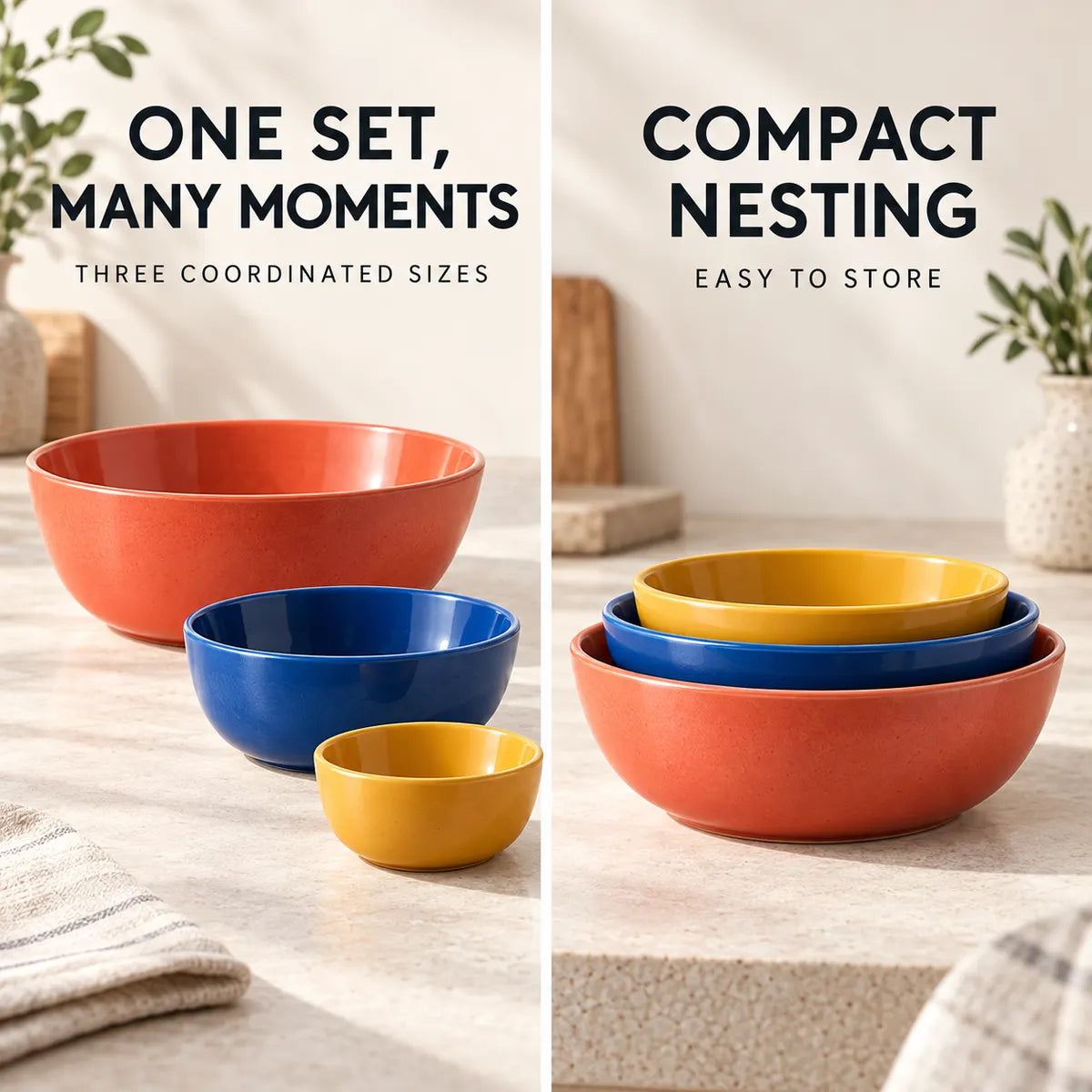 Verdelique three-size bowl set shown separated and nested for compact storage